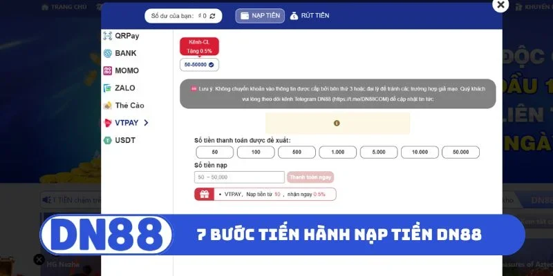 7 bước tiến hành nạp tiền DN88 vào tài khoản